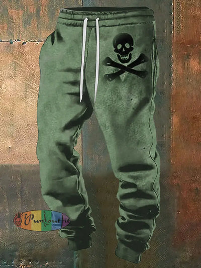 Men’s Pirate Skull Print Casual Vintage Sweatpants Green / S