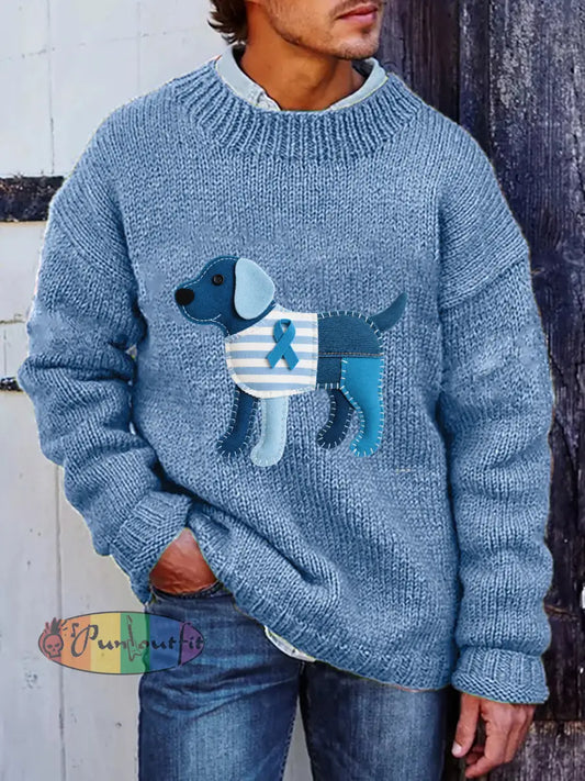 Men’s Prostate Cancer Awareness Puppy Printed Sweater Light Blue / S
