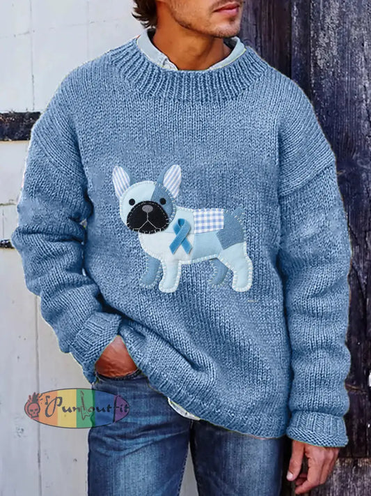 Men’s Prostate Cancer Awareness Puppy Printed Sweater Light Blue / S