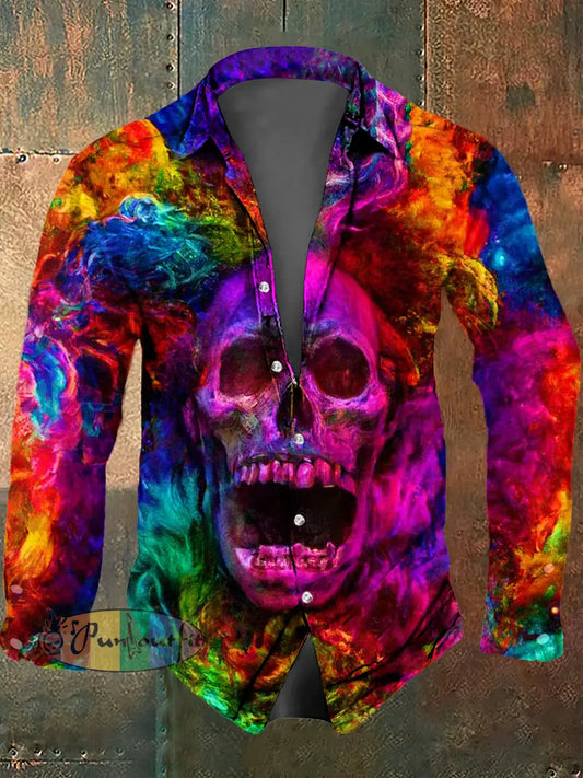 Men’s Psychedelic Skull Print Casual Long Sleeved Shirt Multicolour / S
