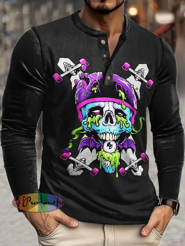 Men’s Punk Cool Skull Print Henley Neck Long Sleeve T-Shirt Colorful / S