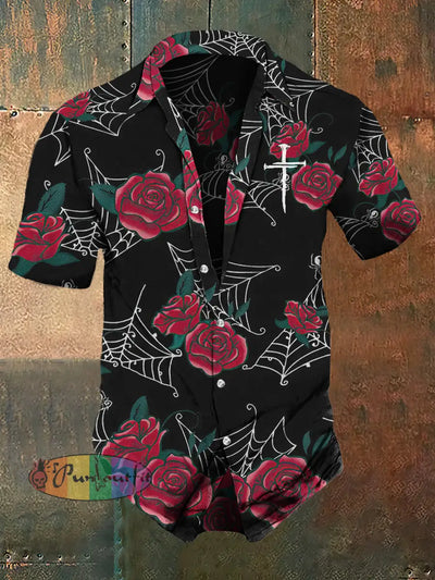 Men’s Punk Dark Style Rose Spider-Web Print Casual Shirt Colorful / S