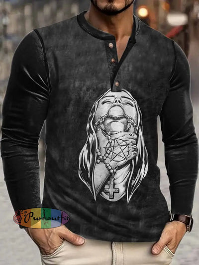 Men’s Punk Girl Print Henley Neck Long Sleeve T-Shirt Black / S