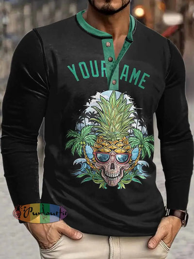 Men’s Punk Pineapple Skull Print Henley Neck Long Sleeve T-Shirt Colorful / S