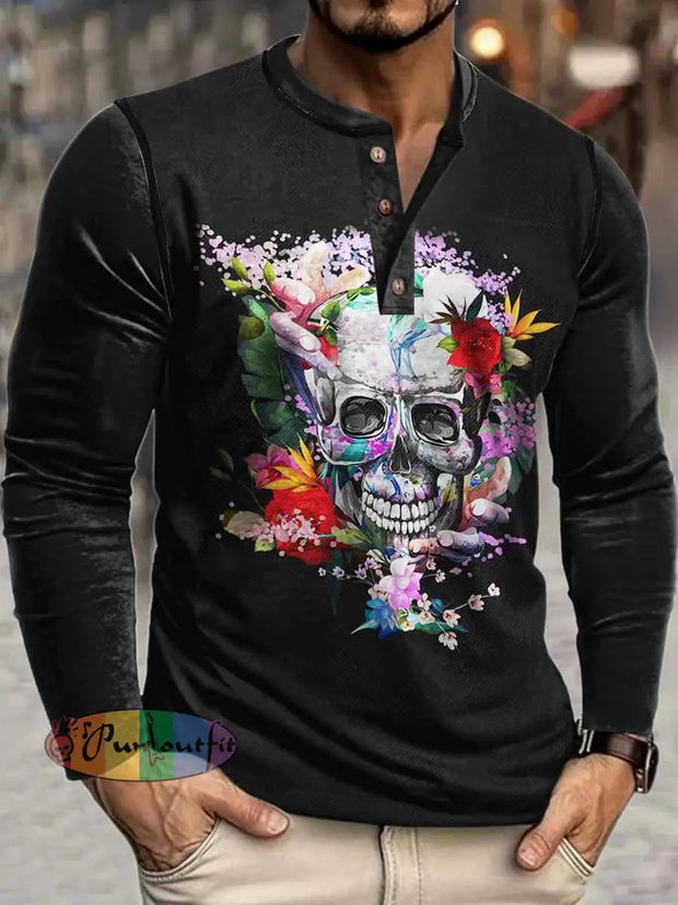 Men’s Punk Skull Floral Print Henley Neck Long Sleeve T-Shirt Colorful / S