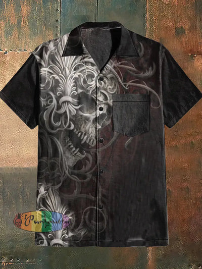 Men’s Punk Skull Print Cuban Collar Shirt With Short Sleeves Black / S