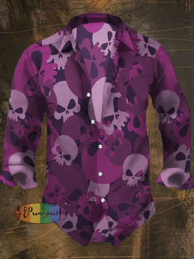 Men’s Punk Style Camouflage Skulls Print Casual Shirt Long Sleeve Colorful / S