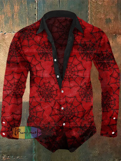 Men’s Punk Style Cobweb Print Casual Shirt Long Sleeve Red / S