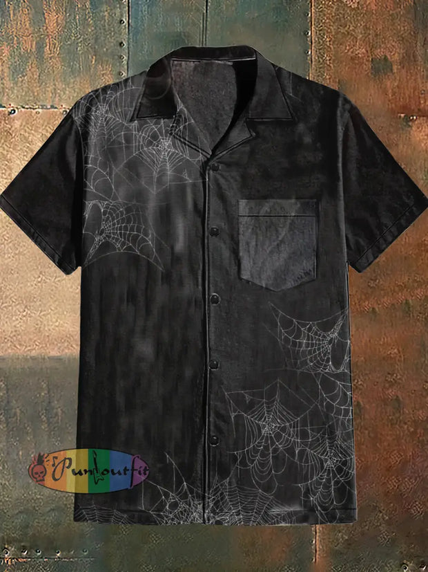 Men’s Punk Style Cobweb Print Cuban Collar Shirt With Short Sleeves Black / S