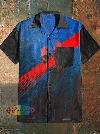 Men’s Punk Style Cool Skull Print Cuban Collar Shirt With Short Sleeves Blue / S