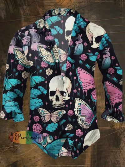 Men’s Punk Style Cool Skulls Butterfly Print Casual Shirt Long Sleeve Colorful / S