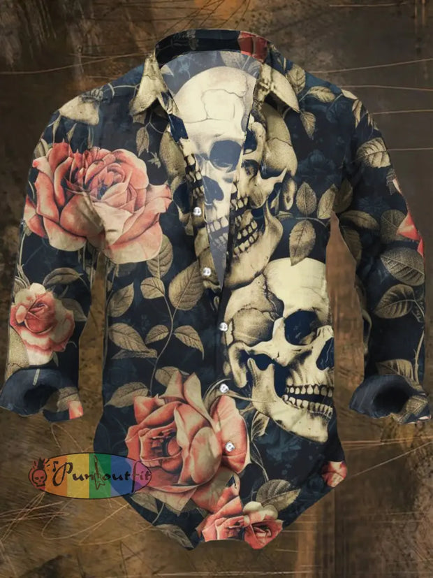 Men’s Punk Style Cool Skulls Floral Print Casual Shirt Long Sleeve Colorful / S