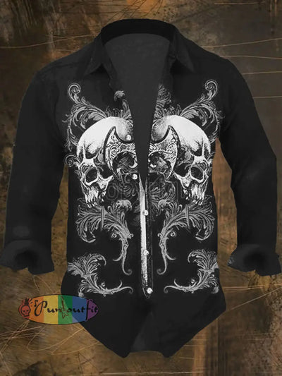 Men’s Punk Style Cool Skulls Print Casual Shirt Long Sleeve Black / S