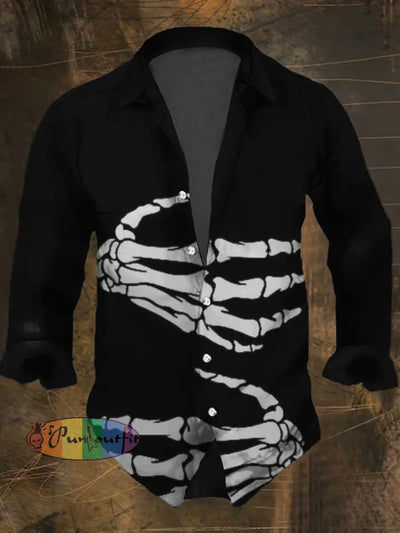 Men’s Punk Style Cool Skulls Print Casual Shirt Long Sleeve Black / S