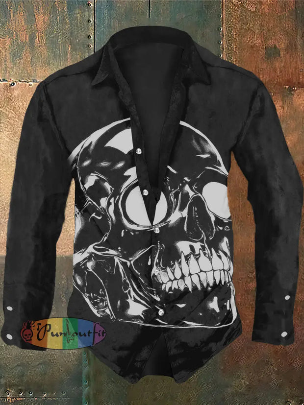 Men’s Punk Style Crystal Skull Print Casual Shirt Long Sleeve Black / S