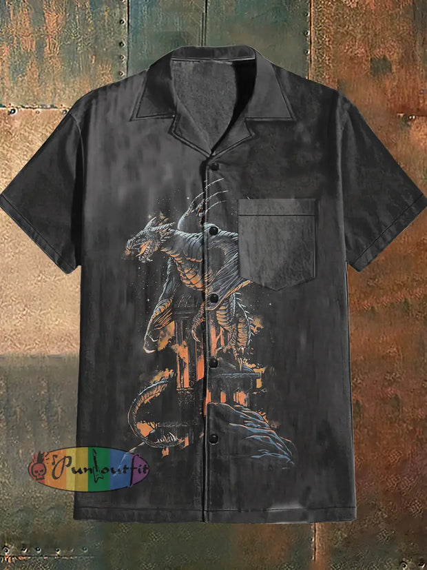 Men’s Punk Style Dargon Print Cuban Collar Shirt With Short Sleeves Black / S