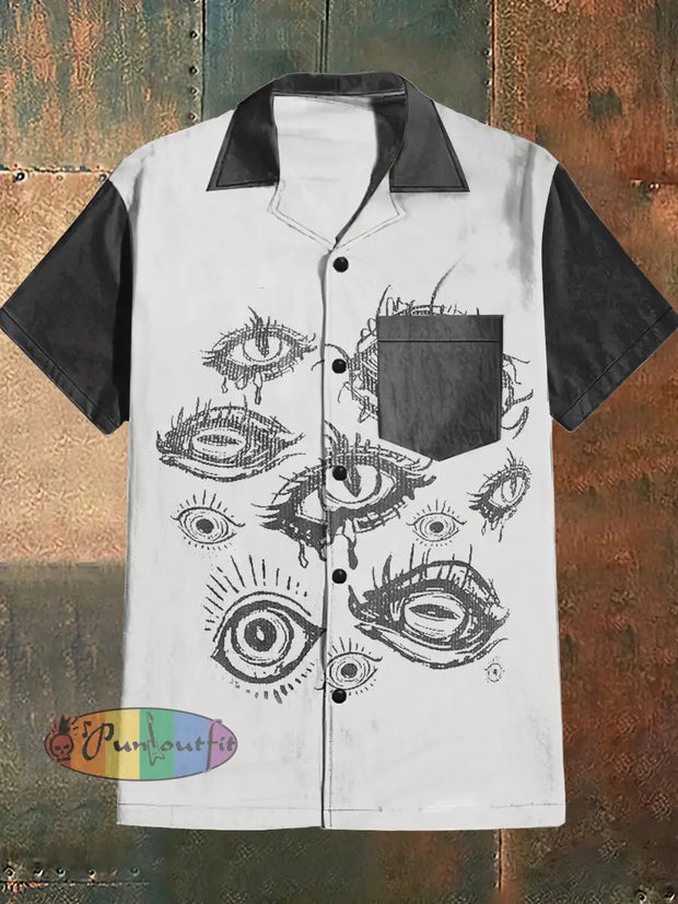 Men’s Punk Style Eyes Print Cuban Collar Shirt With Short Sleeves White / S