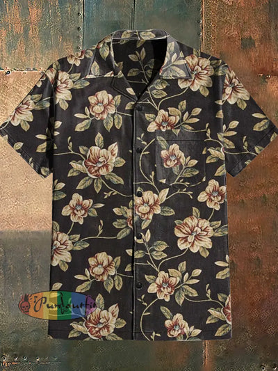 Men’s Punk Style Flowers Print Cuban Collar Shirt With Short Sleeves Black / S