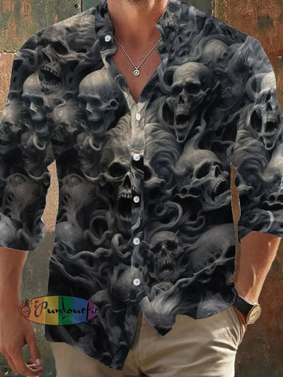 Men’s Punk Style Horror Skull Abstract Print Long Sleeve Shirt Colorful / S