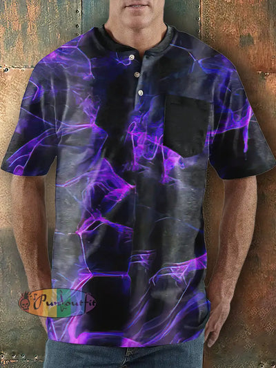 Men’s Punk Style Lighting Print Henley Collar Pocket T-Shirt Purple / S