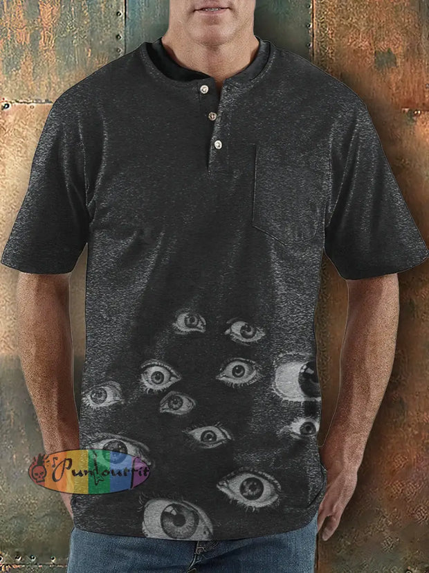 Men’s Punk Style Magic Eyes Print Henley Collar Pocket T-Shirt Black / S