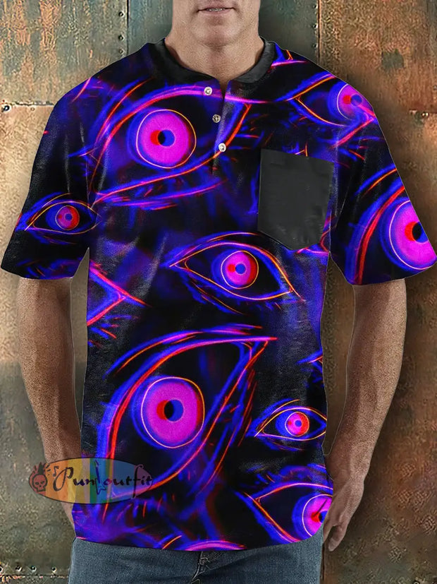 Men’s Punk Style Magic Eyes Print Henley Collar Pocket T-Shirt Purple / S