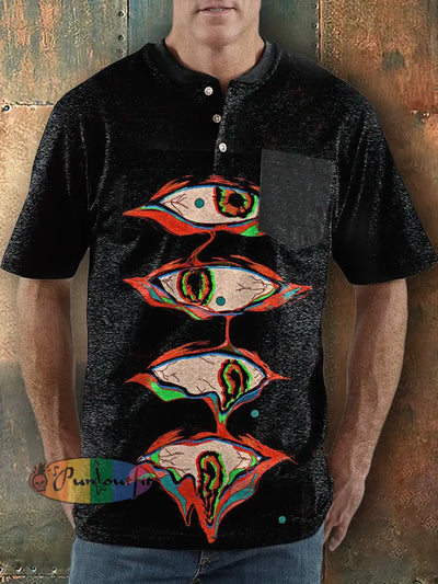 Men’s Punk Style Monster Eye Print Henley Collar Pocket T-Shirt Black / S