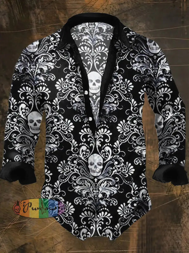 Men’s Punk Style Palace Skulls Print Casual Shirt Long Sleeve Black / S