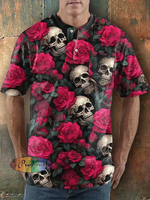 Men’s Punk Style Rose And Skulls Print Henley Collar Pocket T-Shirt Colorful / S