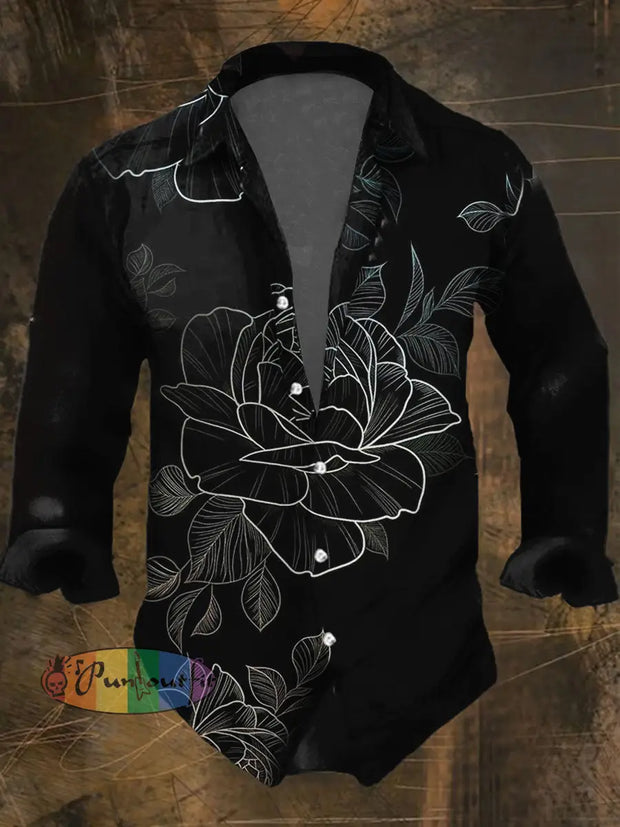 Men’s Punk Style Rose Print Casual Shirt Long Sleeve Black / S