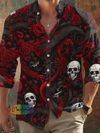 Men’s Punk Style Rose Skulls Abstract Print Long Sleeve Shirt Colorful / S