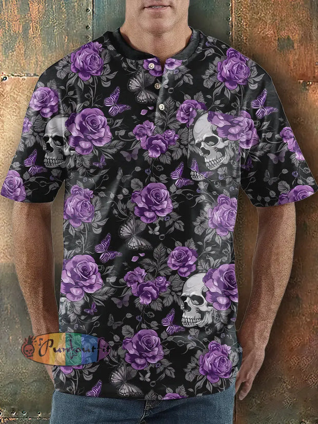 Men’s Punk Style Skull And Butterfly Print Henley Collar Pocket T-Shirt Colorful / S