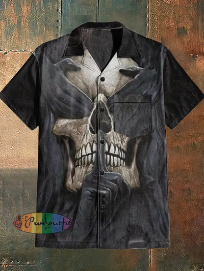 Men’s Punk Style Skull King Print Cuban Collar Shirt With Short Sleeves Black / S