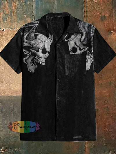 Men’s Punk Style Skull Print Cuban Collar Shirt With Short Sleeves Black / S