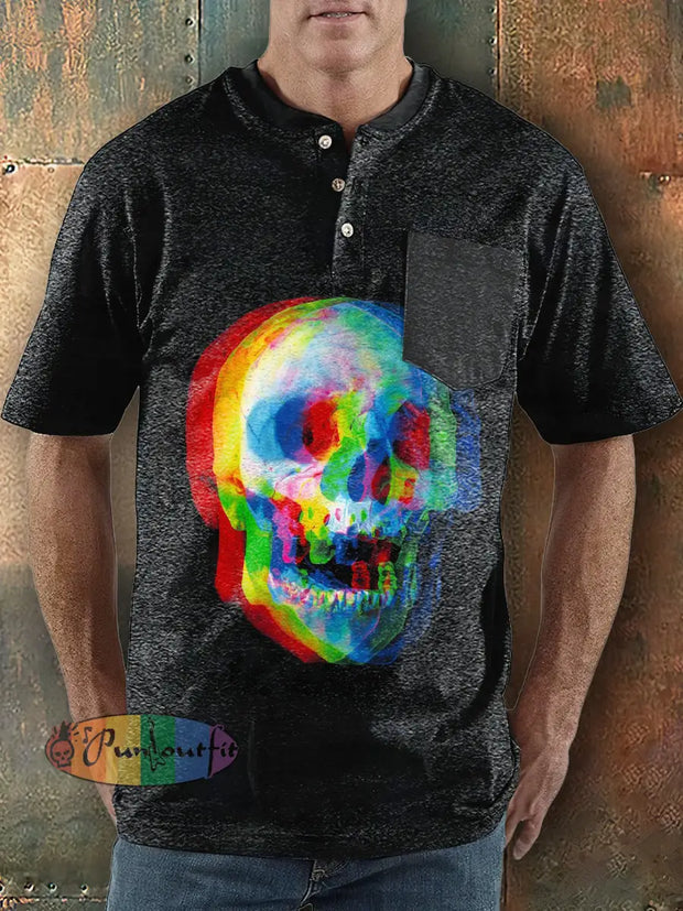 Men’s Punk Style Skull Print Henley Collar Pocket T-Shirt Black / S