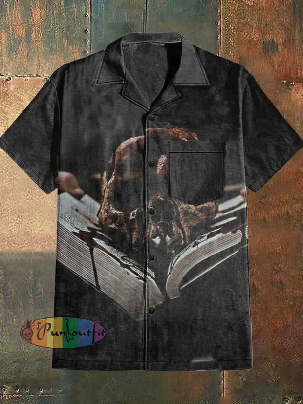 Men’s Punk Style Skull Reading Print Cuban Collar Shirt With Short Sleeves Black / S