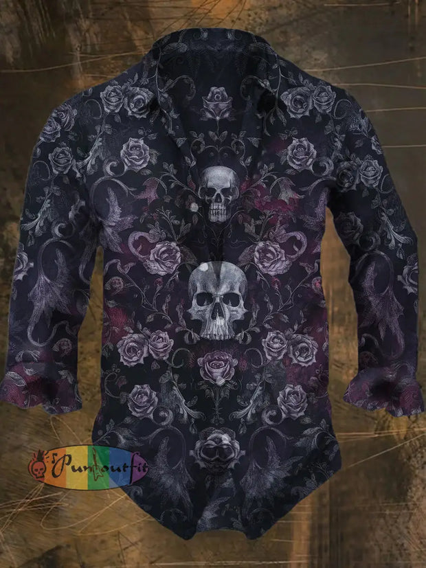 Men’s Punk Style Skulls And Flowers Print Casual Vintage Shirt Black / S