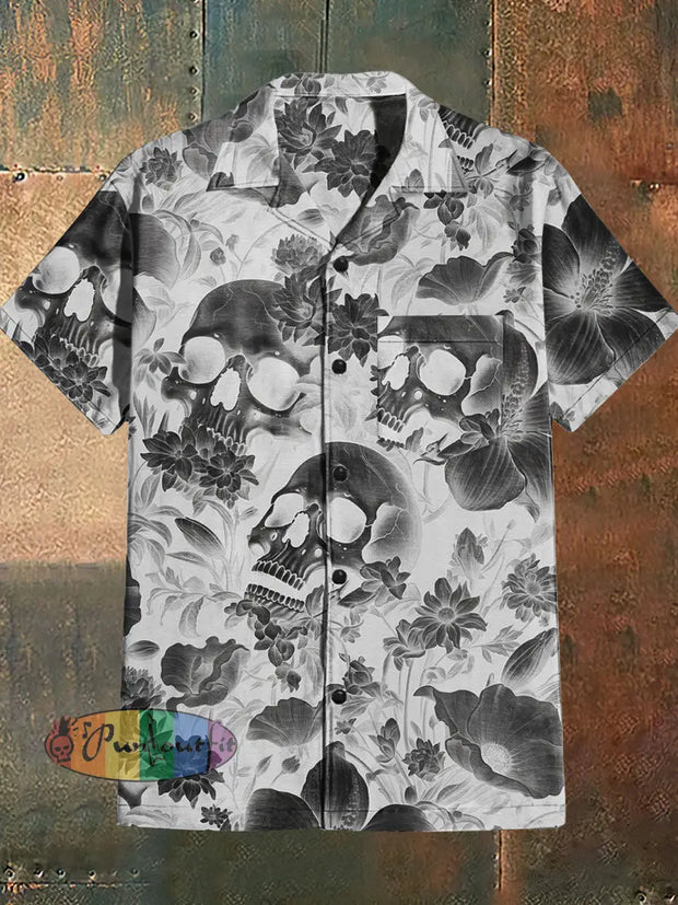 Men’s Punk Style Skulls Negative Film Print Cuban Collar Shirt With Short Sleeves Black / S