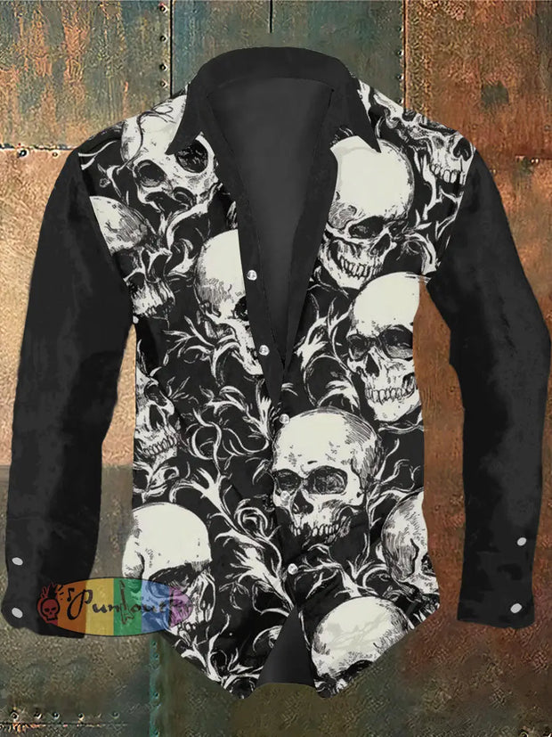 Men’s Punk Style Skulls Print Casual Shirt Long Sleeve Black / S