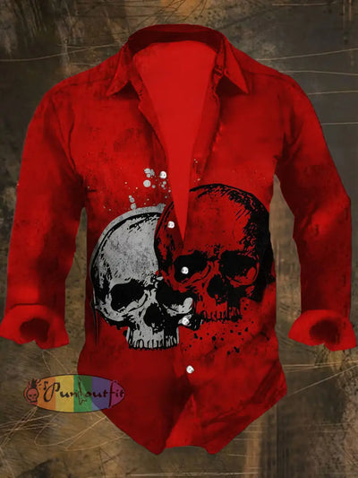 Men’s Punk Style Skulls Print Casual Shirt Long Sleeve Red / S