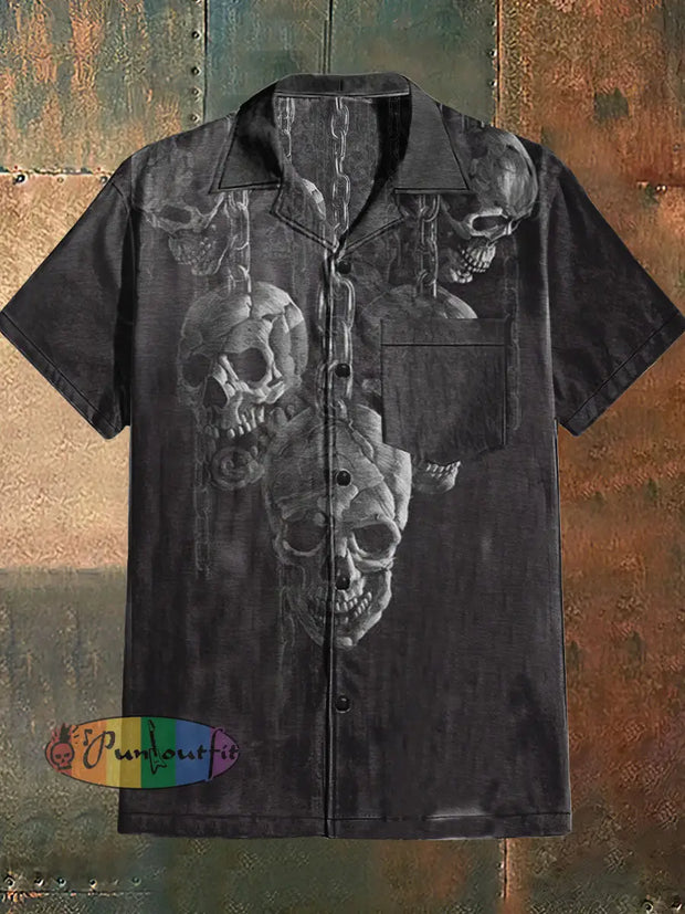 Men’s Punk Style Skulls Print Cuban Collar Shirt With Short Sleeves Black / S