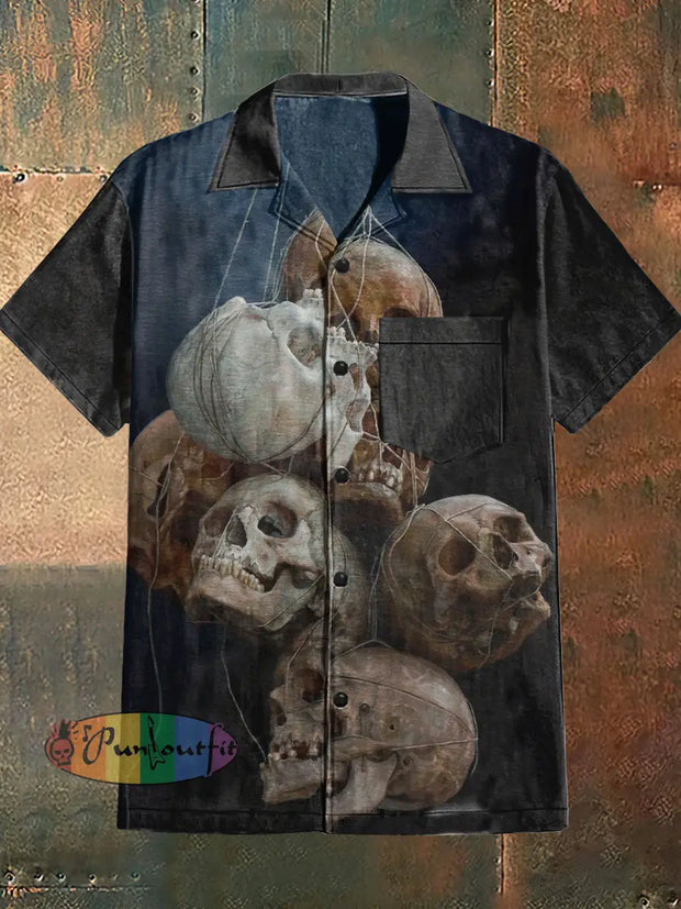 Men’s Punk Style Skulls Print Cuban Collar Shirt With Short Sleeves Black / S