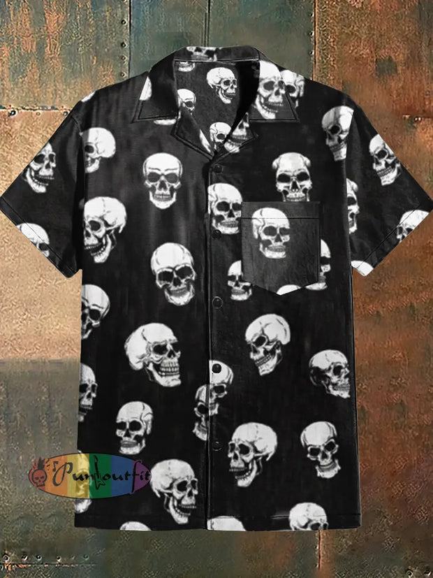 Men’s Punk Style Skulls Print Cuban Collar Shirt With Short Sleeves Black / S