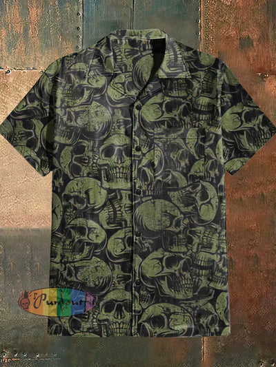 Men’s Punk Style Skulls Print Cuban Collar Shirt With Short Sleeves Green / S