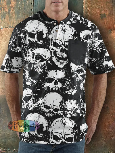 Men’s Punk Style Skulls Print Henley Collar Pocket T-Shirt Black / S