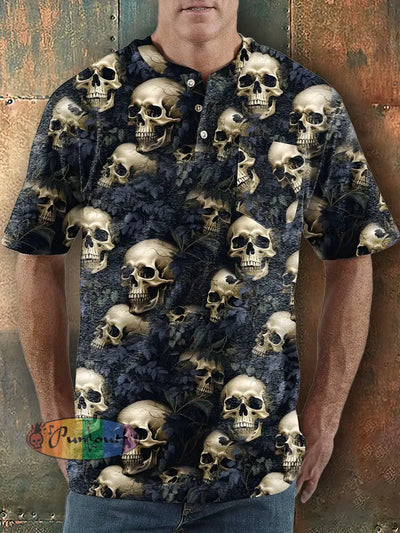 Men’s Punk Style Skulls Print Henley Collar Pocket T-Shirt Colorful / S