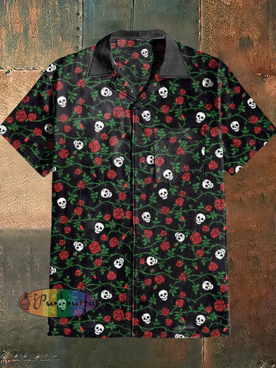 Men’s Punk Style Skulls Rose Print Cuban Collar Shirt With Short Sleeves Black / S