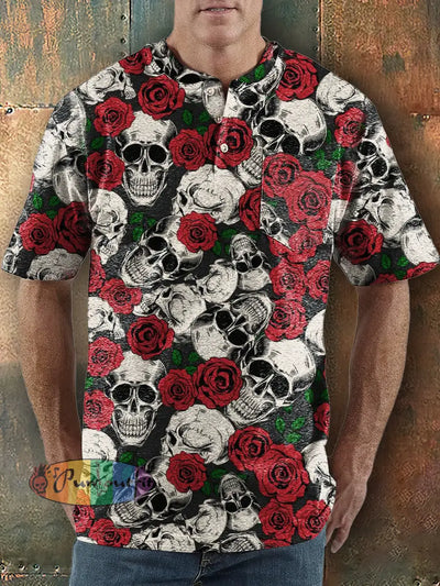 Men’s Punk Style Skulls Roses Print Henley Collar Pocket T-Shirt Colorful / S