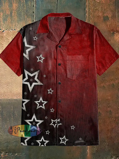 Men’s Punk Style Star Print Cuban Collar Shirt With Short Sleeves Red / S