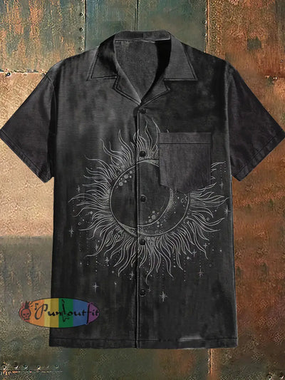 Men’s Punk Style Sun And Moon Print Cuban Collar Shirt With Short Sleeves Black / S